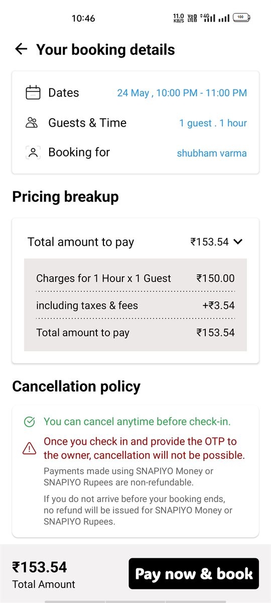 SNAPIYO booking details screen