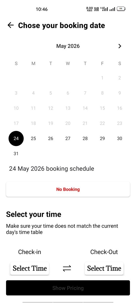 SNAPIYO date and check-in time selection screen